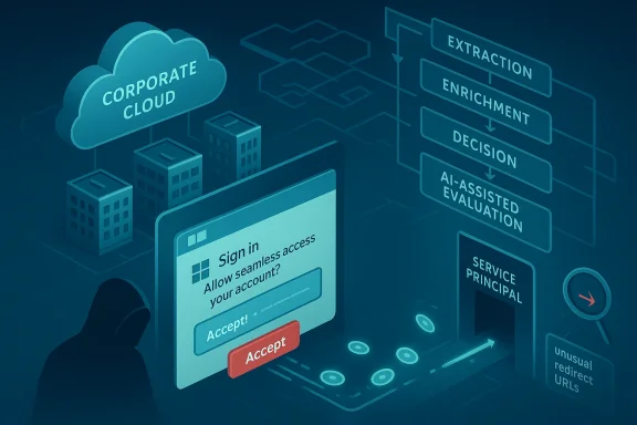 A hooded figure watches a corporate cloud sign-in prompt amid AI-driven data flow.