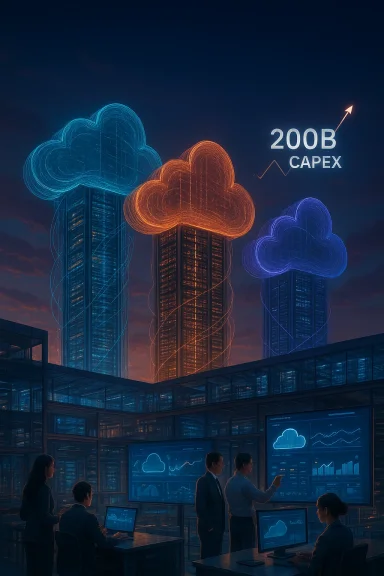 Futuristic cityscape with neon cloud-shaped towers above a control room analyzing 200B CAPEX. Futuristic cityscape with neon cloud-shaped towers above a control room analyzing 200B CAPEX.