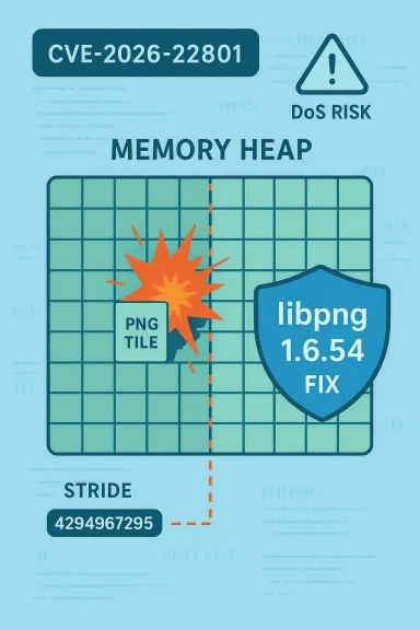 CVE-2026-22801: memory heap vulnerability in libpng 1.6.54 causing DoS risk.