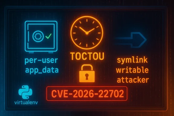 Neon infographic shows TOCTOU vulnerability (CVE-2026-22702) with per-user app_data and symlink writable attacker.