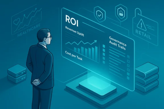 Businessman analyzes a holographic ROI dashboard with charts and governance trails.