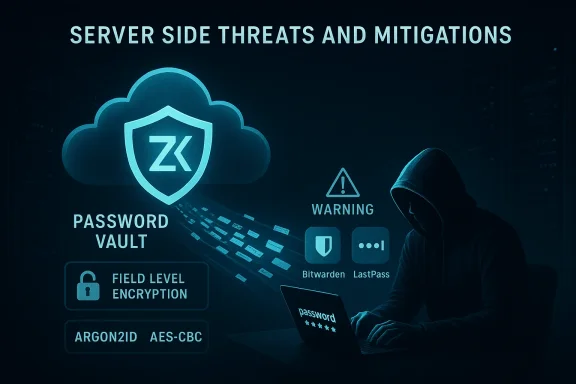 Hooded hacker near a cloud password vault with security mitigations and warnings.