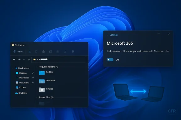 Dark Windows 11 desktop with File Explorer and a Microsoft 365 settings panel.