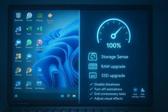 Laptop screen split: Windows desktop on the left and a glowing blue performance dashboard on the right.