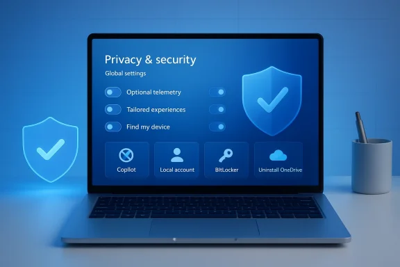 Laptop screen shows Privacy & security settings with toggles and shield icons.