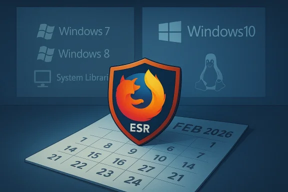 Firefox ESR shield atop a February 2026 calendar with Windows logos in the background.