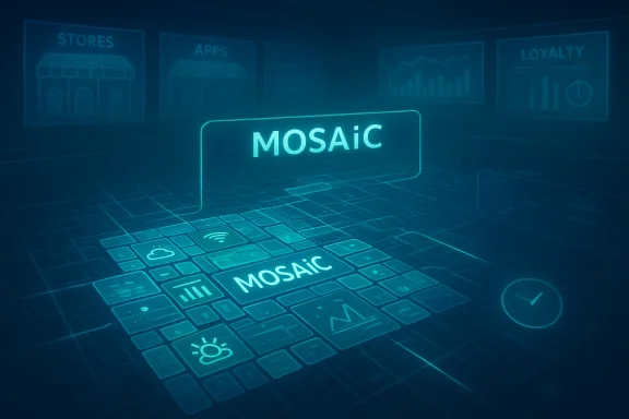 A futuristic blue holographic mosaic interface displaying MOSAIC and app tiles.