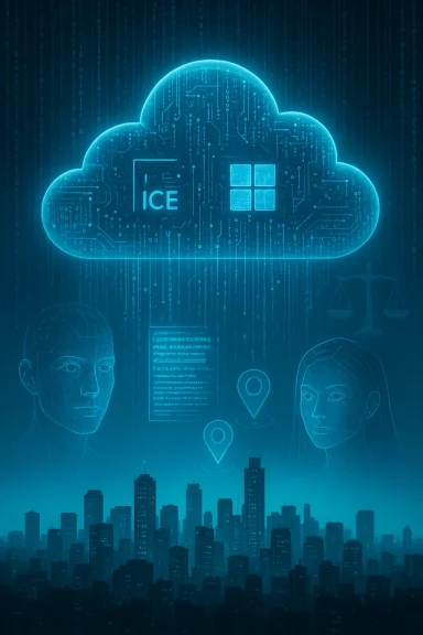 Neon blue cloud computing scene over a city, with circuit patterns and human silhouettes.