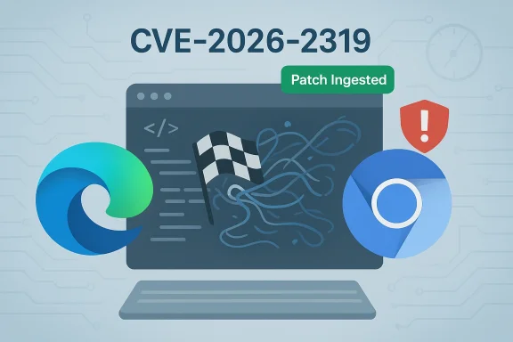 Patch ingested for CVE-2026-2319 as Edge and Chrome logos flank a vulnerability warning.