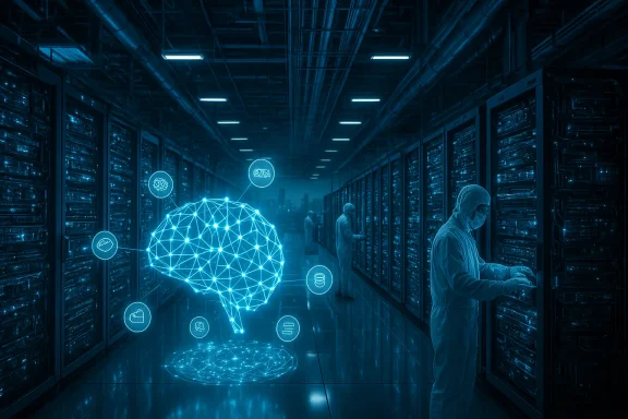 Inside a data center, a glowing neural network hologram hovers near racks as technicians work.