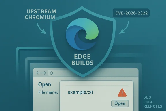 Shield labeled 'EDGE BUILDS' guarding against Chromium CVE-2026-2322 with a browser warning.