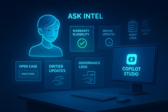 Futuristic blue holographic UI labeled ASK INTEL hovers above a desk with a Copilot Studio monitor.