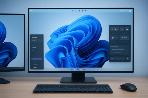 A sleek desk setup with a large monitor showing blue abstract wallpaper, along with a wireless keyboard and mouse.