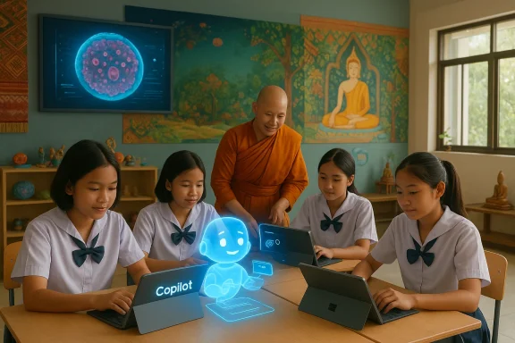 A monk guides four students using tablets with a glowing holographic Copilot assistant.
