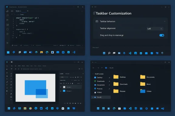 Dark Windows desktop collage showing a code editor, taskbar customization, image editor, and file explorer.