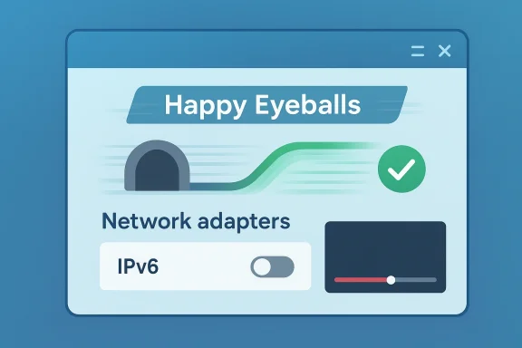 A UI window titled 'Happy Eyeballs' showing network adapters and an IPv6 toggle.