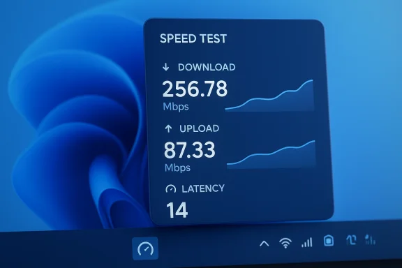 Blue speed test panel shows download 256.78 Mbps, upload 87.33 Mbps, latency 14 ms.