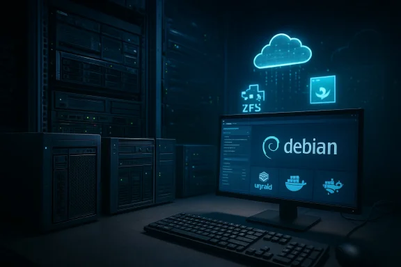 Data center scene with a Debian desktop on a monitor, surrounded by server racks and a glowing cloud icon.
