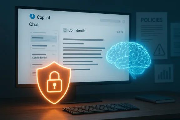 Computer screen shows Copilot Chat, with an orange shield lock and a glowing blue brain.