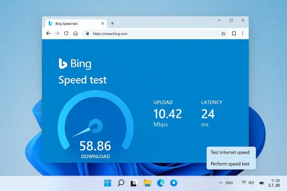 Bing speed test dashboard shows download 58.86 Mbps, upload 10.42 Mbps, latency 24 ms.