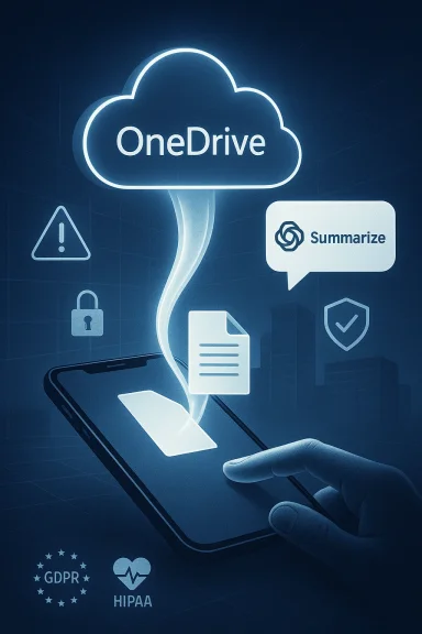 A glowing OneDrive cloud streams documents from a smartphone with a Summarize option.