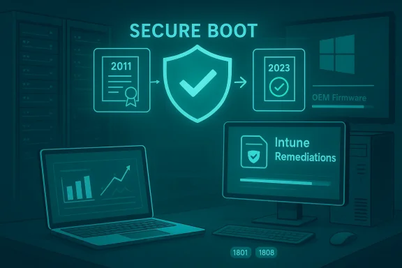 Secure Boot illustration showing certificates, a shield with a check, and firmware updates.