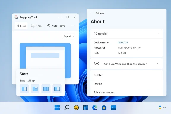 Windows 11 desktop showing Snipping Tool window alongside the Settings About panel.