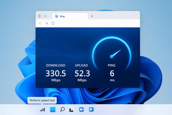 Blue speed-test window shows download 330.5 Mbps, upload 52.3 Mbps, ping 6 ms.