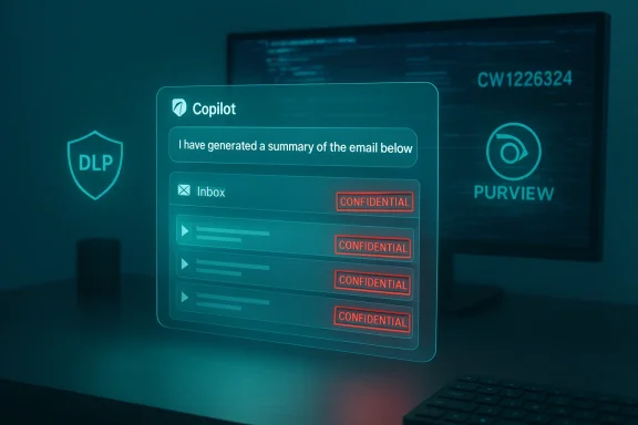 A holographic Copilot interface shows a confidential email inbox summary.