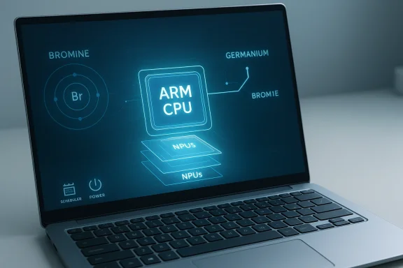 A laptop screen shows a neon schematic of an ARM CPU with stacked NPUs.