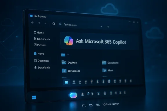 Dark Windows File Explorer on a laptop, featuring an “Ask Microsoft 365 Copilot” banner.