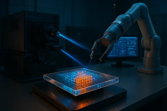 A robotic arm uses blue lasers to scan a glowing grid on a transparent plate.