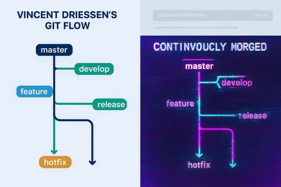 Split-screen comparison of Vincent Driessen's Git Flow diagram versus a glitchy morphing version.