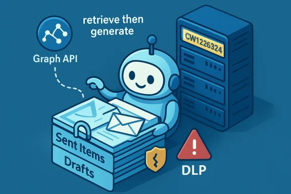 Cheerful blue robot processes Graph API data—retrieve then generate, beside a server and DLP warning.
