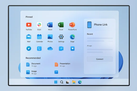 A futuristic desktop UI showing app icons, a Phone Link panel, and a Recommended section.