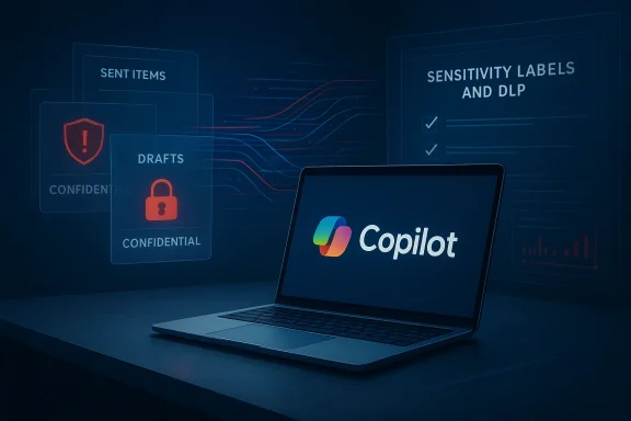 A laptop shows the Copilot logo amid holographic data-security panels and labels.