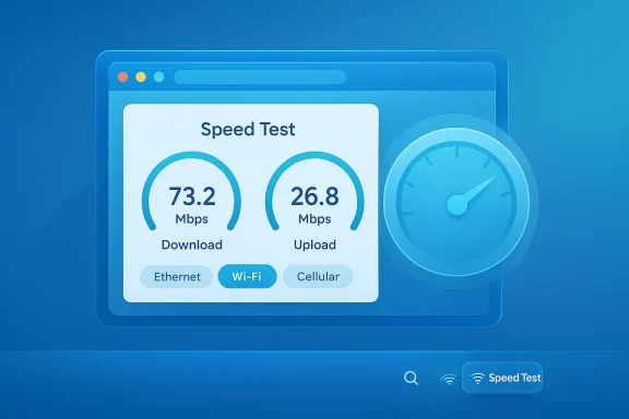 Blue UI showing a speed test with 73.2 Mbps download and 26.8 Mbps upload.