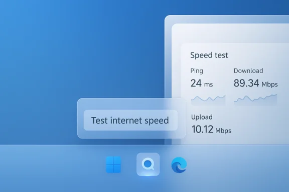 Blue UI illustration showing a speed test result: Ping 24 ms, Download 89.34 Mbps, Upload 10.12 Mbps.
