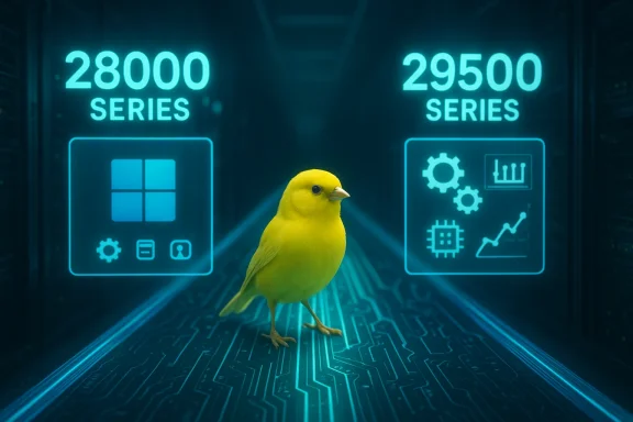 A bright yellow canary stands on a glowing circuit floor between two blue holographic server panels.