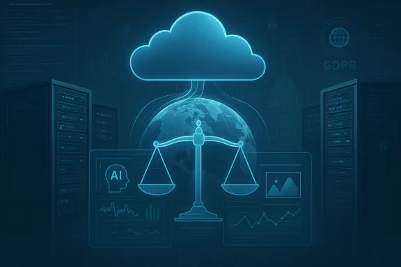 Blue illustration of cloud computing, AI and data analytics connected to the globe with scales of justice.