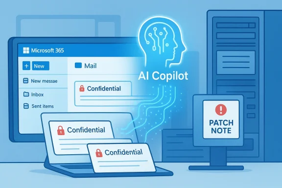 AI Copilot in a Microsoft 365 interface with confidential labels and patch notes.