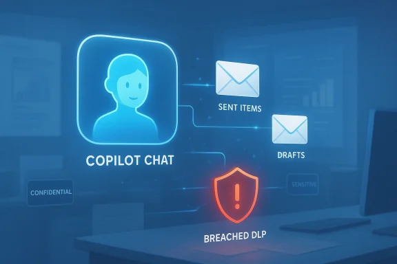 Blue security dashboard showing Copilot Chat, Sent Items, Drafts, and a breached DLP warning.