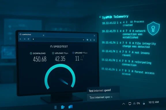 Speed test readout on a monitor: 450.68 Mbps down, 42.35 Mbps up, with a blue cyber-telemetry backdrop.