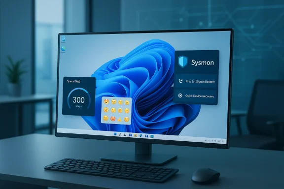 A modern desk setup with a large monitor showing Windows wallpaper and floating Sysmon widgets. A modern desk setup with a large monitor showing Windows wallpaper and floating Sysmon widgets.