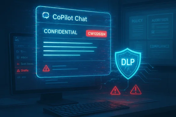 Neon holographic screen displays CoPilot Chat confidential document with a DLP shield and warning icons.