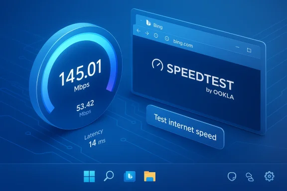 Blue, futuristic speed-test interface showing 145.01 Mbps and 14 ms latency by Ookla Speedtest.