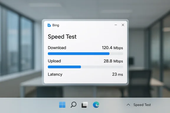 Bing Speed Test dialog showing download 120.4 Mbps, upload 28.8 Mbps over a blurred office background.