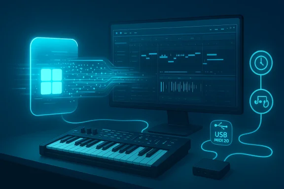 Neon-lit music production setup with MIDI keyboard and DAW on screen.