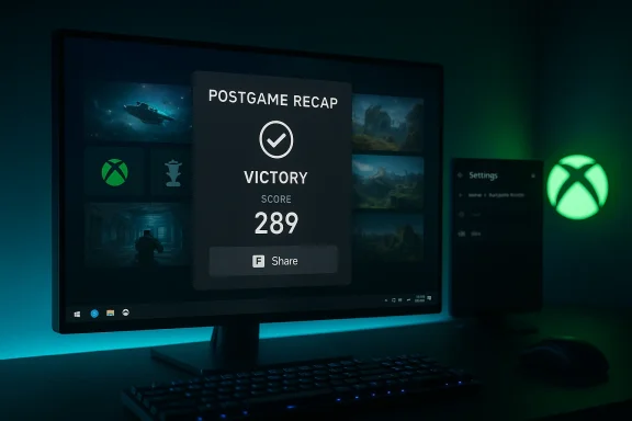 Neon-lit gaming setup displays a postgame recap: Victory with a score of 289.