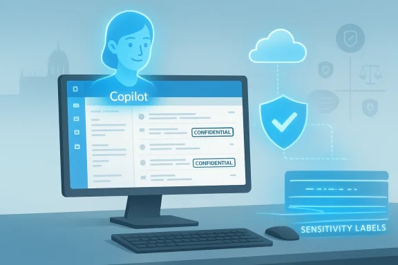 Copilot on a computer screen shows confidential data with cloud security and a shield icon.